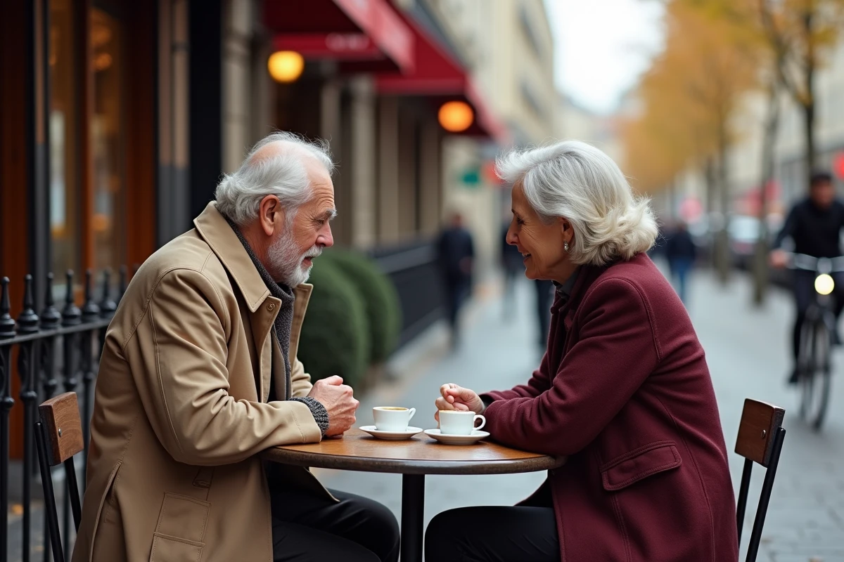 Deux personnes âgées en conversation sérieuse dans un café parisien, illustrant le débat entre liberté de parole et respect de la vie privée