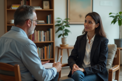 Femme et psychologue en séance dans un cabinet accueillant