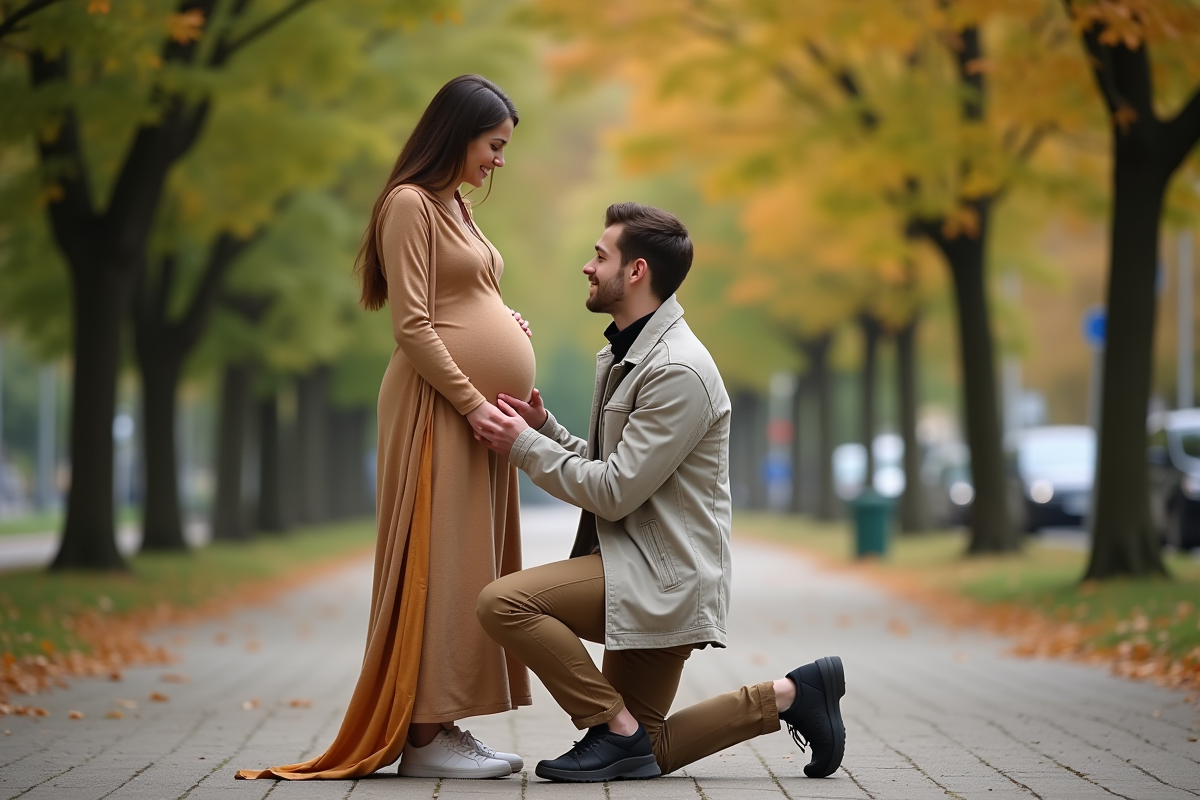 Jeune couple enceinte dans un parc en automne partageant un moment joyeux