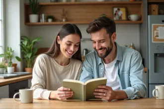 Couple souriant lisant un livre sur la fertilite dans la cuisine