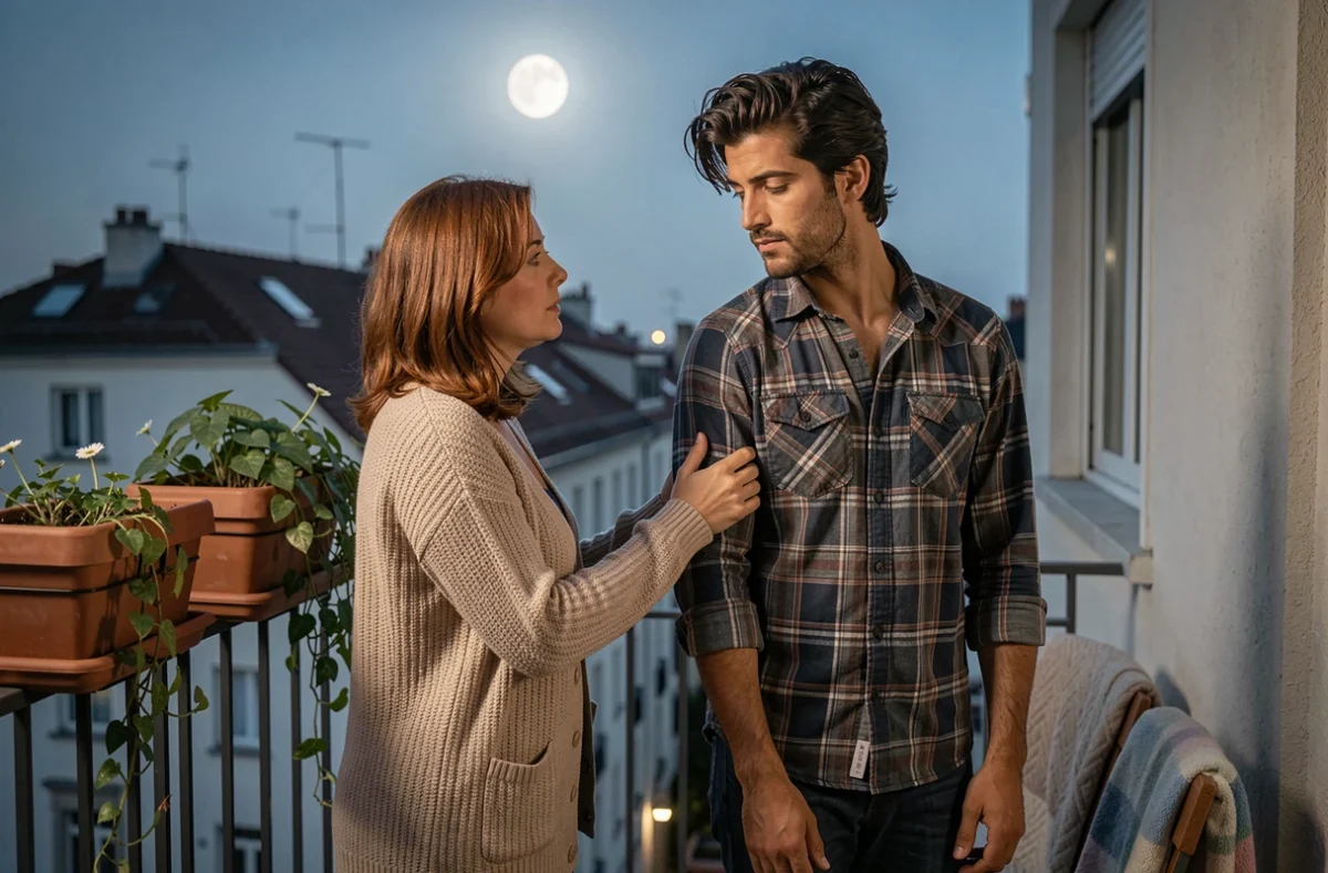 Couple qui se réconcilie sur un balcon sous la pleine lune, geste de tendresse après une période de tension