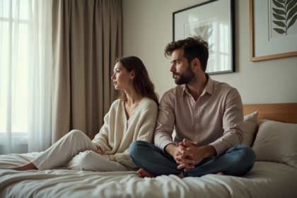 Couple pensif dans leur chambre moderne et chaleureuse