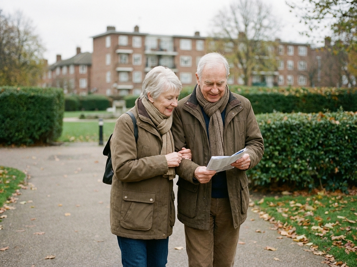 Couple senior marchant dans un parc urbain avec document
