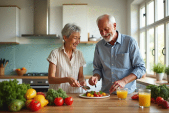 Couple senior souriant préparant un repas riche en vitamine B12 dans une cuisine lumineuse