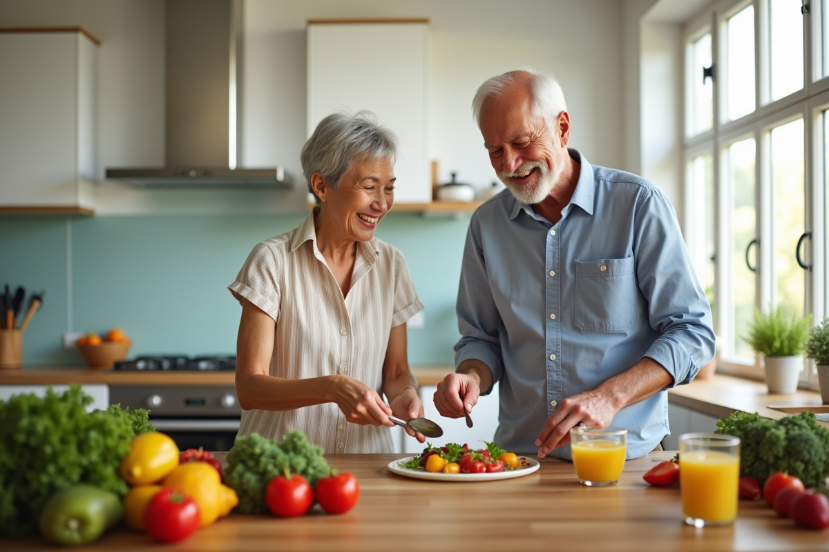 Couple senior souriant préparant un repas riche en vitamine B12 dans une cuisine lumineuse