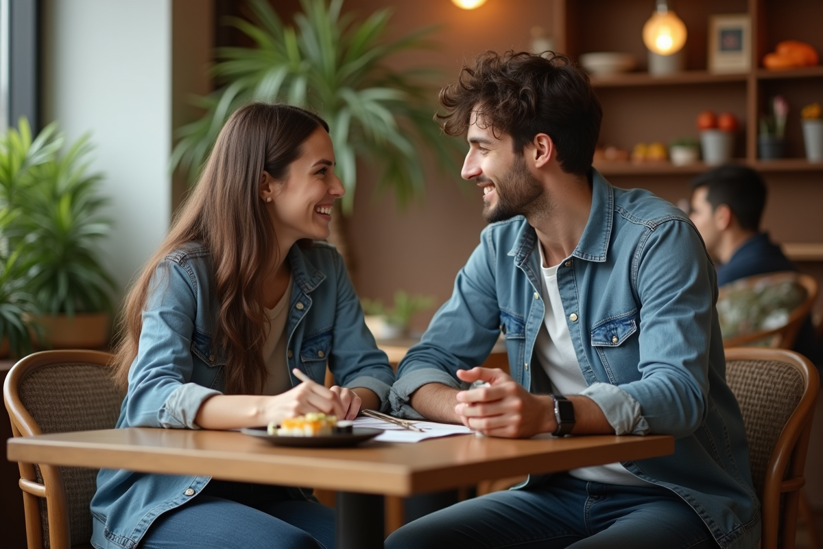 Couple discutant autour d un menu de sushi dans un restaurant cosy