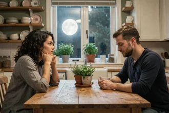 Couple en tension autour d'une table de cuisine lors d'une pleine lune, regards évitants et silence pesant