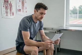 Coureur d'endurance épuisé tenant ses résultats d'analyse sanguine montrant une ferritine basse en cabinet médical sportif