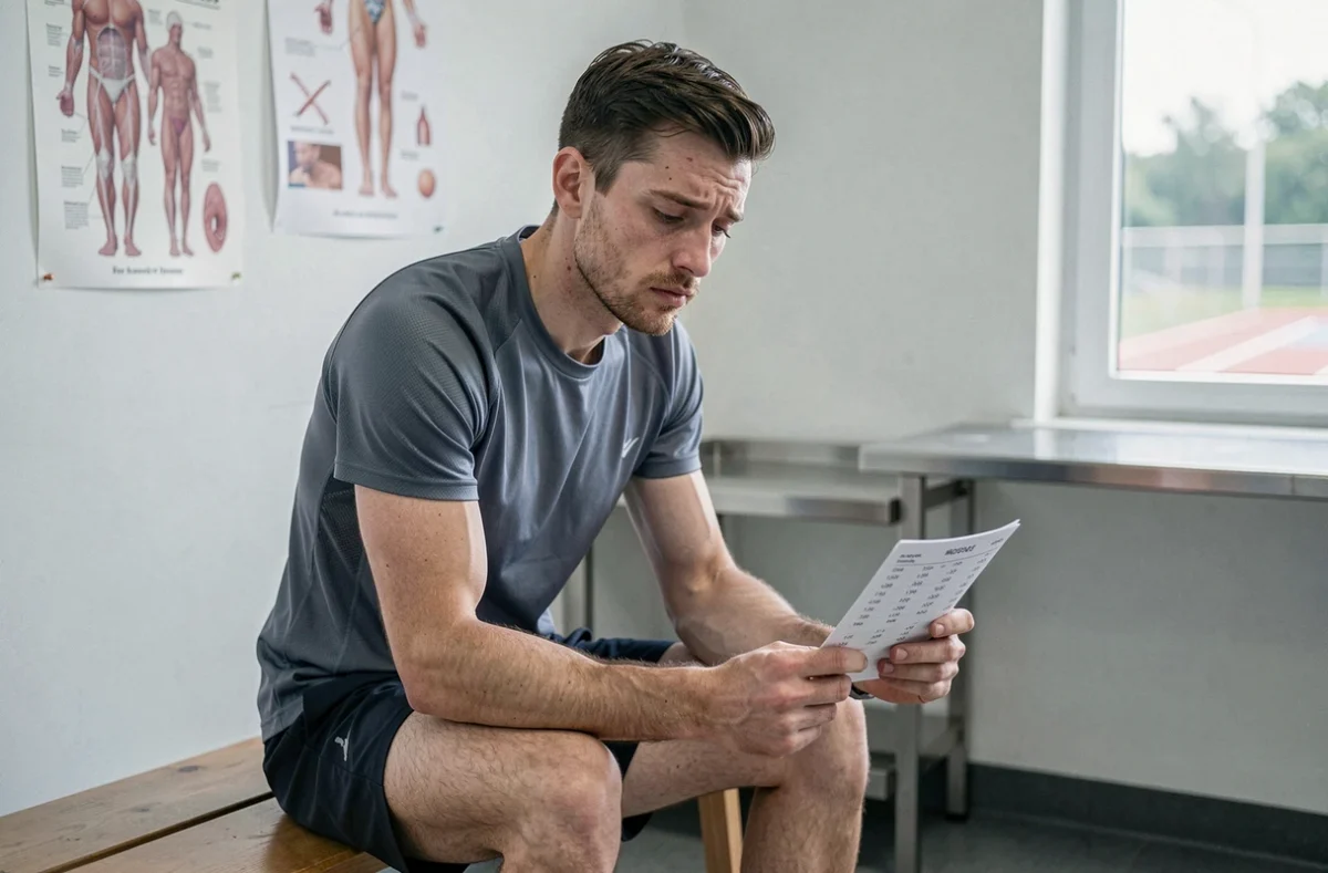Coureur d'endurance épuisé tenant ses résultats d'analyse sanguine montrant une ferritine basse en cabinet médical sportif