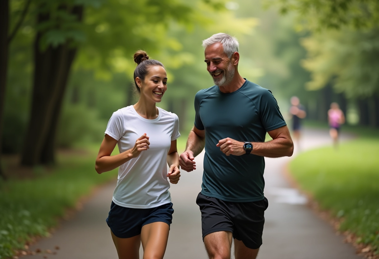 Homme et femme courant dans un parc en forêt