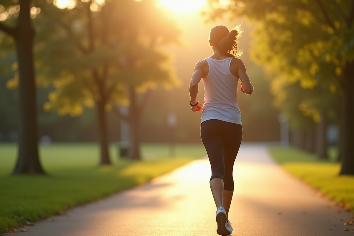 Personne courant dans un parc en portant un tracker santé