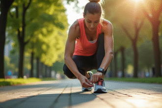 Personne nouant ses chaussures de course dans un parc urbain ensoleille