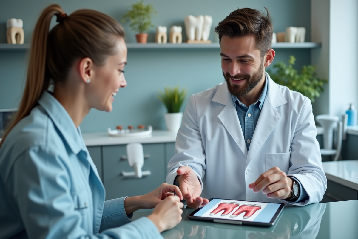 Dentiste jeune montre un diagramme dentaire à un patient dans un cabinet moderne