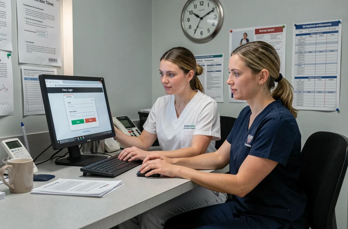 Deux professionnelles de santé effectuant ensemble la première connexion au logiciel Netsoins sur un poste de travail partagé