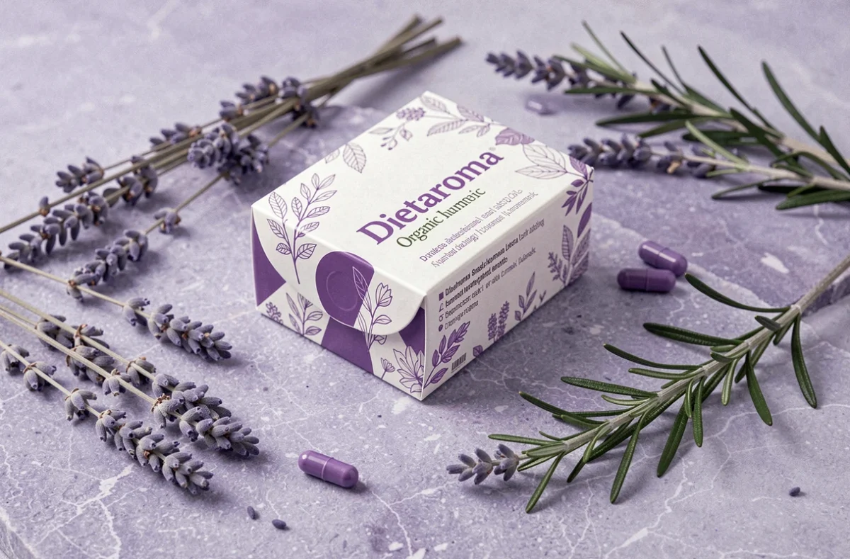 Boîte Dietaroma complément alimentaire bio en blanc et violet avec imprimé botanique sur surface en pierre lavande entourée de tiges de lavande séchées