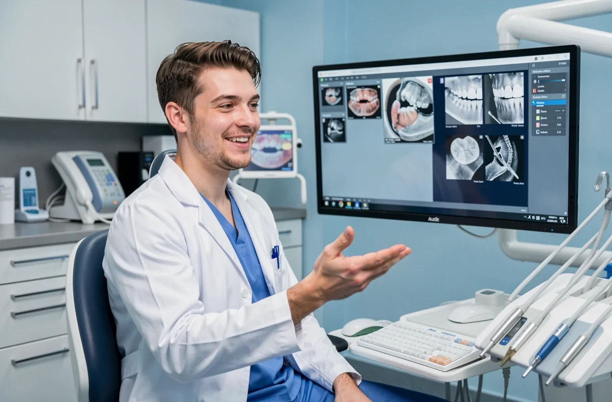 Docteur Romain Bataille chirurgien-dentiste consultant des radiographies numériques dans son cabinet dans l'Aude