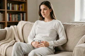 Jeune femme assise sur un canapé la main posée sur le bas ventre gauche pendant ses règles
