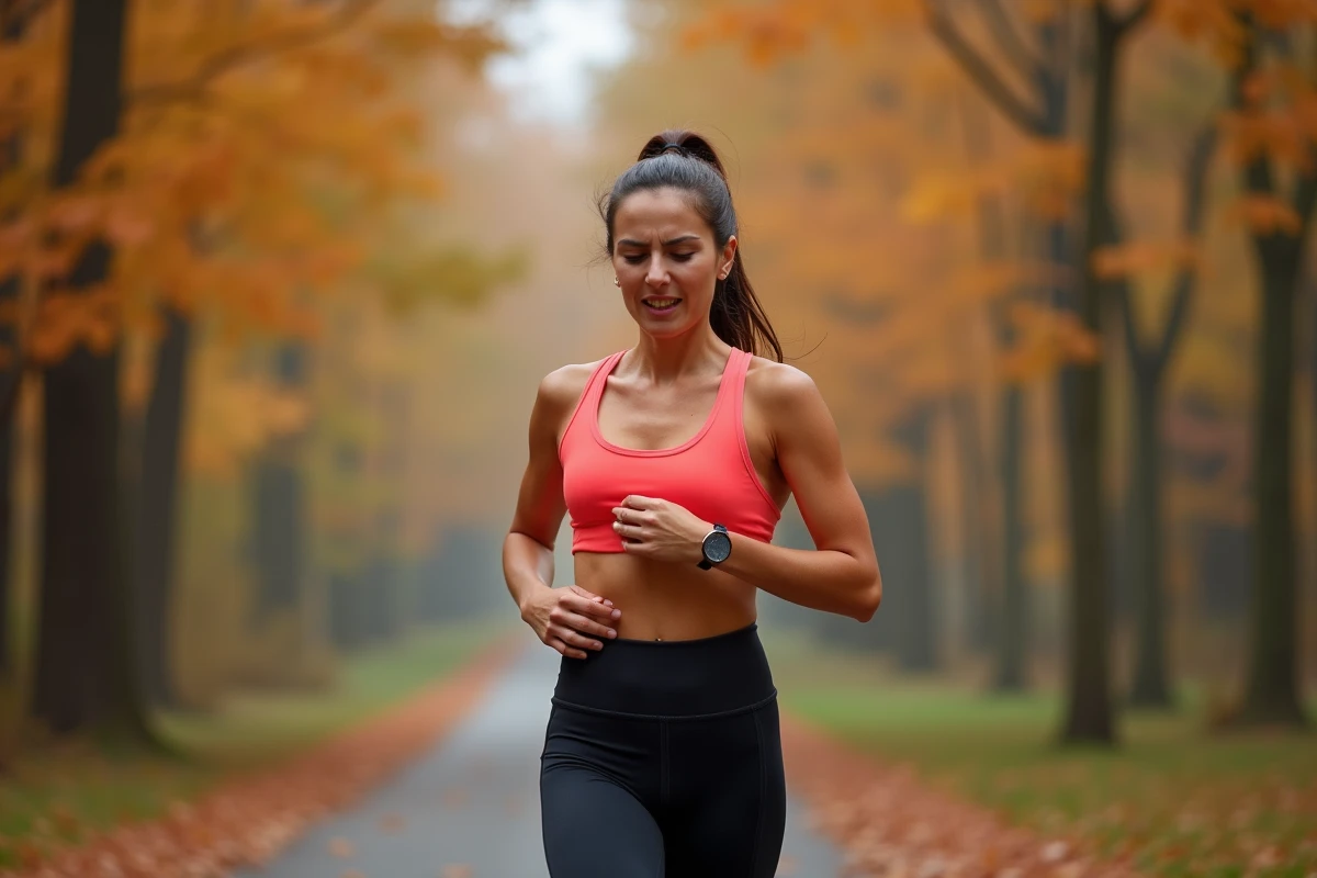 Femme joggeuse souffrant de douleur intercostale pendant une course en plein air en automne