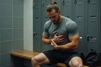 Homme tenant son côté après l'effort physique, douleur intercostale post-sport en salle de gym