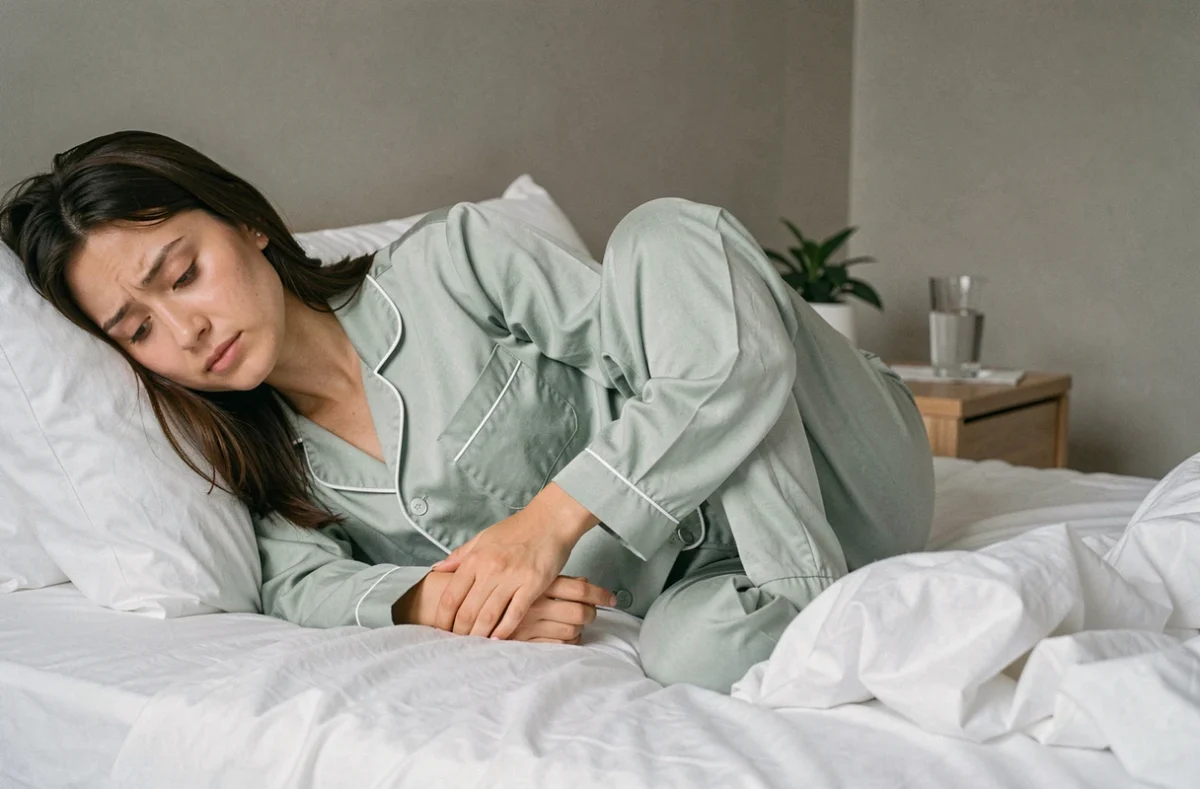 Femme allongée sur le côté en position fœtale avec douleur au bas ventre gauche lors des règles