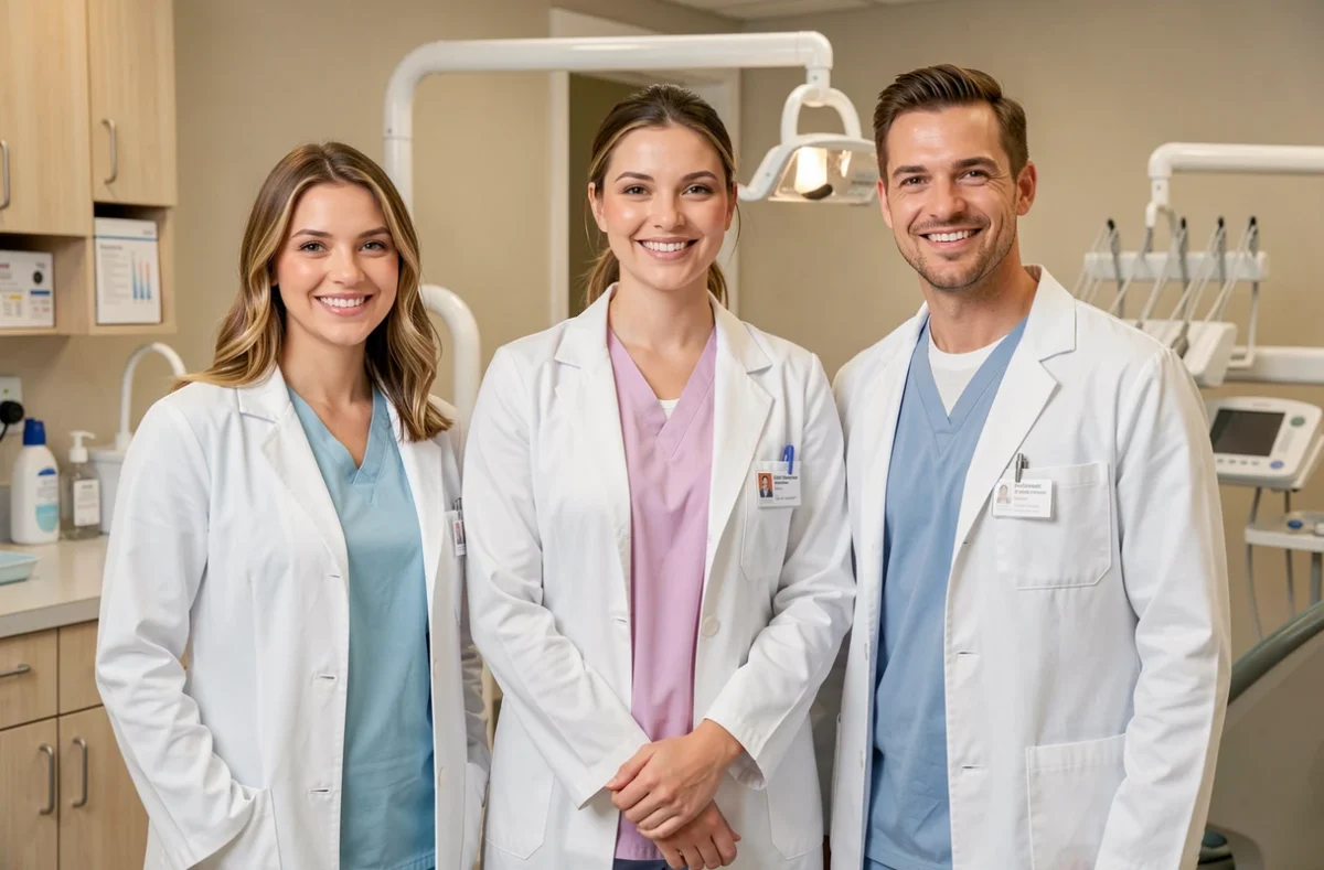 Les docteurs David Micouleau, Margaux Baudoin et Charlène Moncayo en équipe dans leur cabinet dentaire