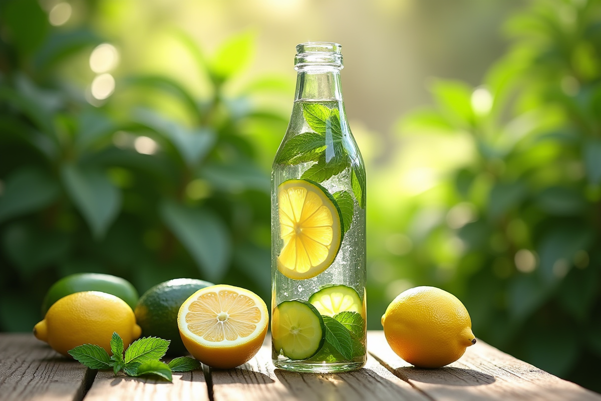 Bouteille d eau infusee citron concombre et menthe sur table en plein air