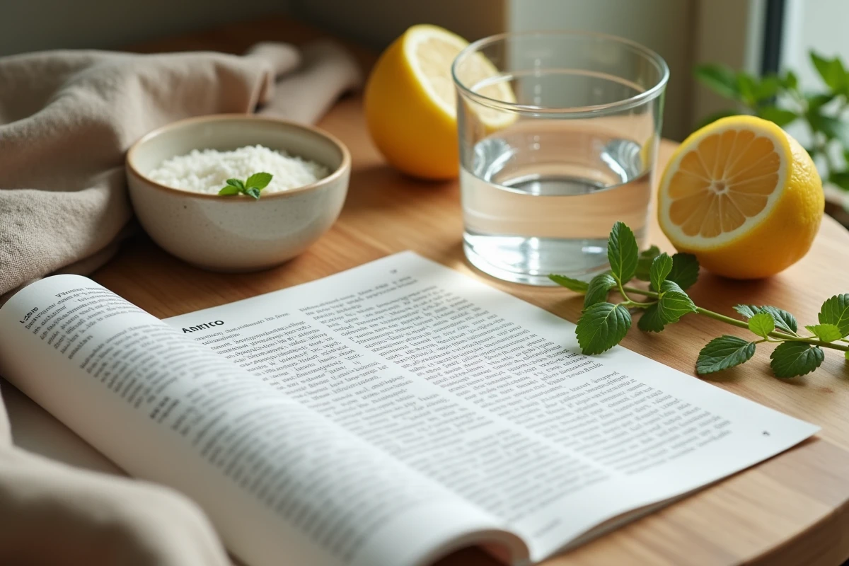 Mise en scène culinaire comparant des édulcorants artificiels et naturels sur une table en bois avec documentation scientifique sur les substituts de sucre