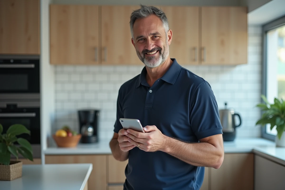 Employé vérifiant ses congés et fiches de paie sur smartphone via un portail salarié en ligne