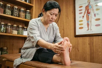 Femme d'âge mûr consultant pour une épine calcanéenne dans un cabinet de médecine traditionnelle chinoise avec plantes médicinales en arrière-plan