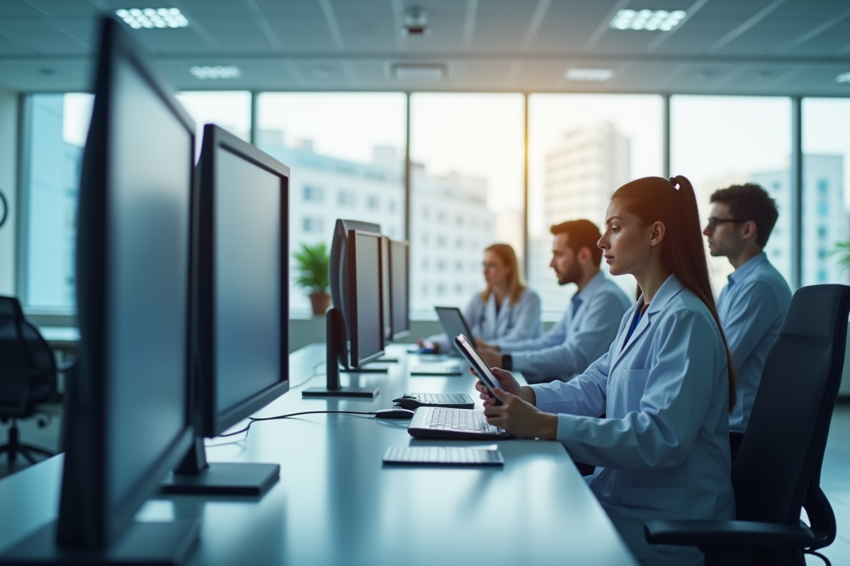 Équipe hospitalière moderne collaborant avec tablettes numériques