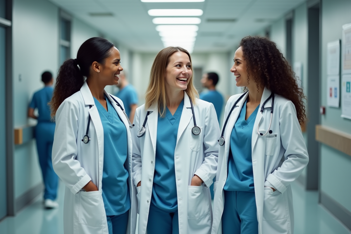 Groupe de medecins femmes dans un couloir d hopital en discussion