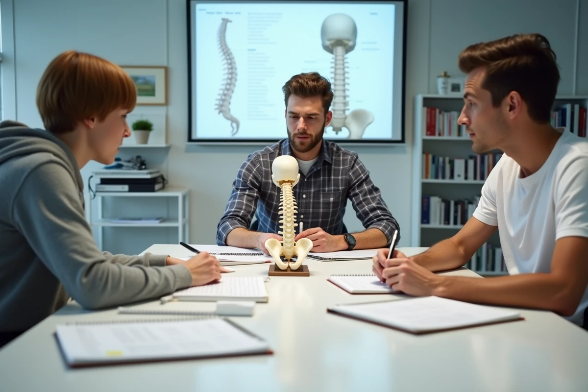 Étudiants en ostéopathie travaillant sur un modèle anatomique de colonne cervicale lors d'une formation universitaire spécialisée