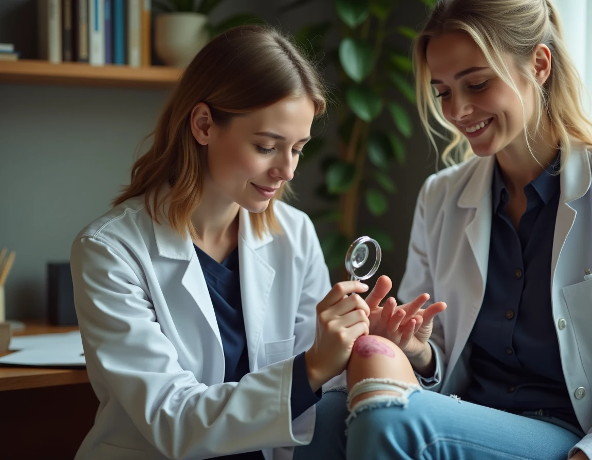 Médecin généraliste examinant des marbrures cutanées persistantes sur le mollet d'une patiente lors d'une consultation