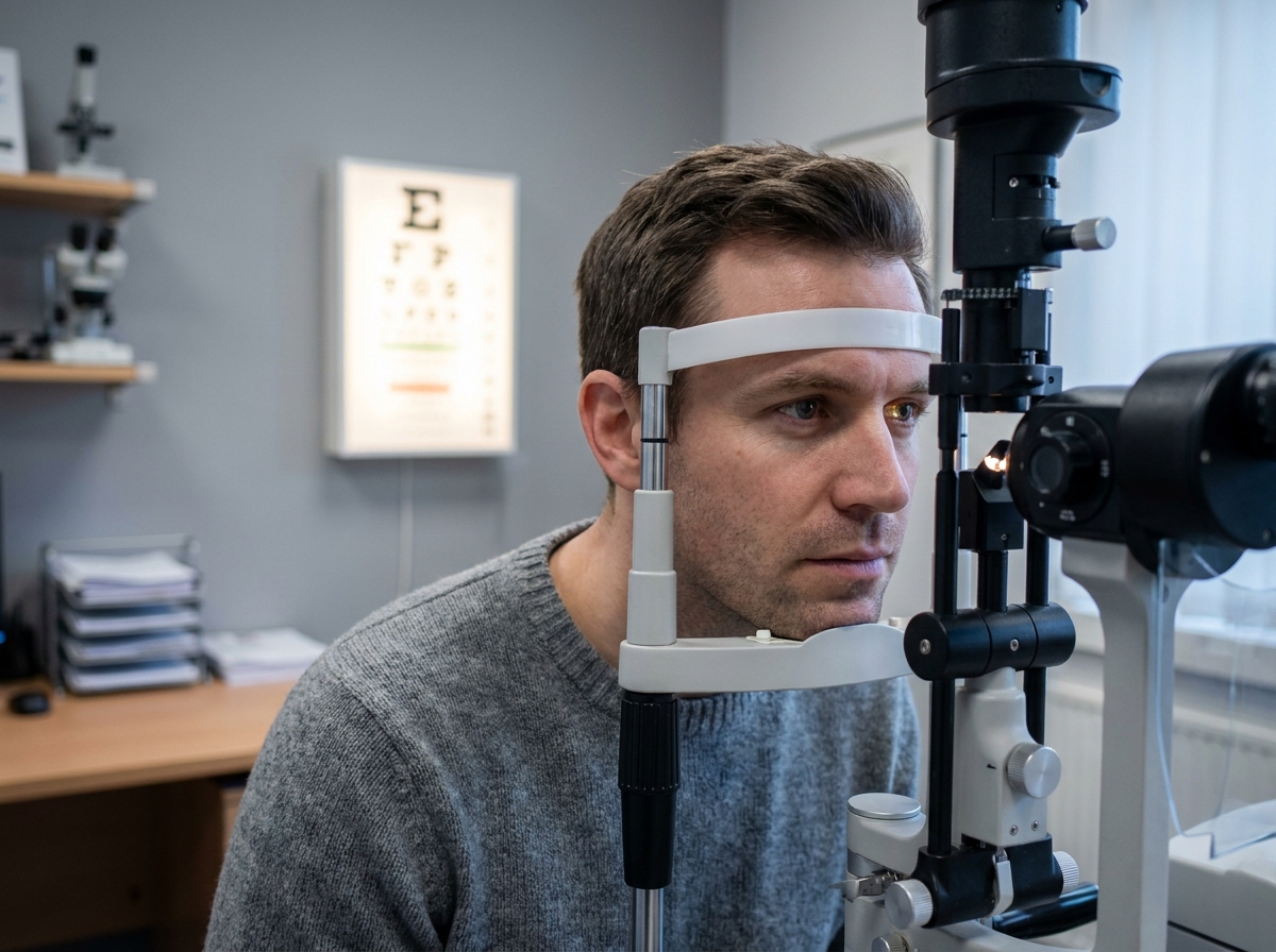 Patient lors d'un examen de la vue chez un opticien professionnel à Brest