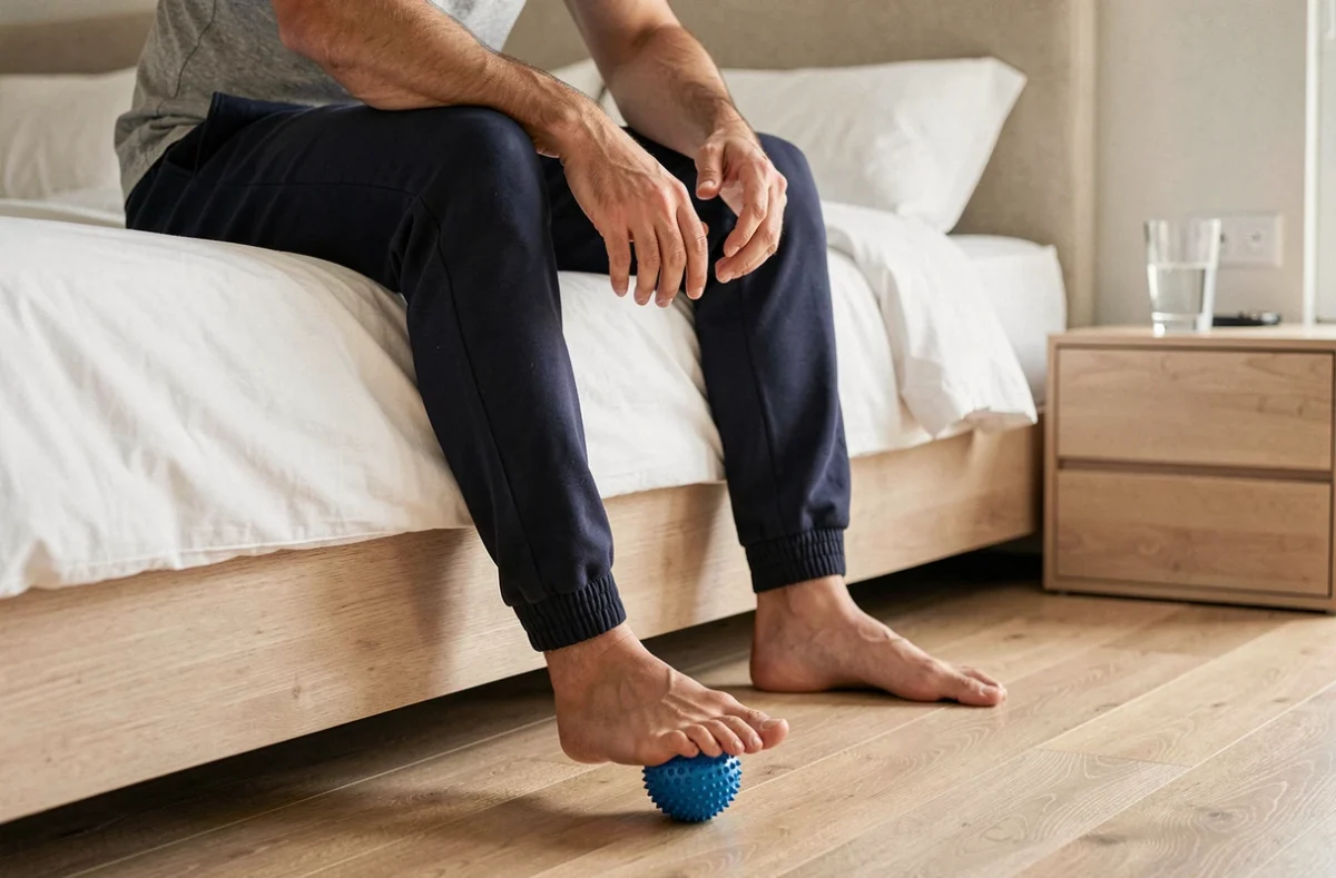 Homme utilisant une balle de massage pour soulager une douleur au talon chez lui