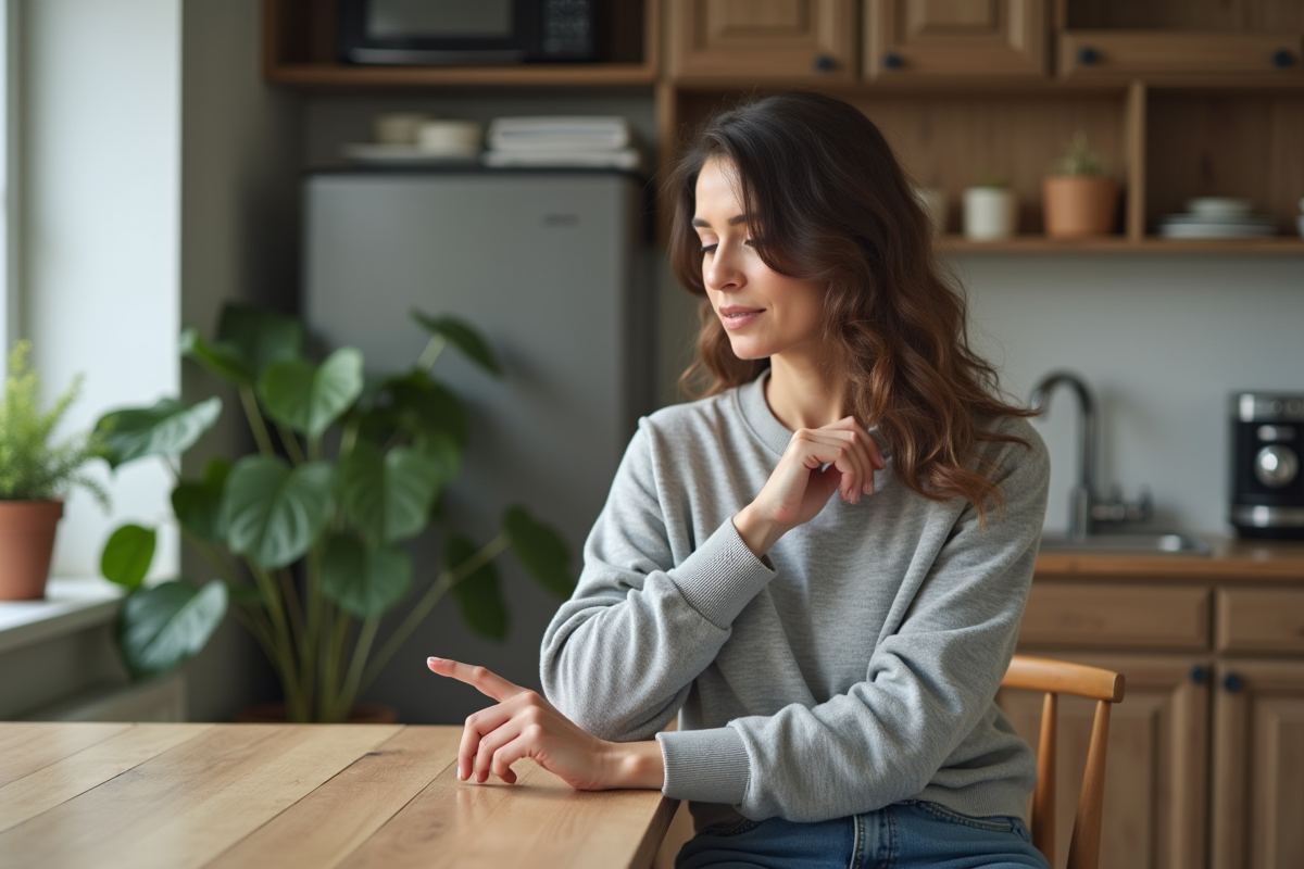 Femme en intérieur pressant un point d'acupressure sur la main