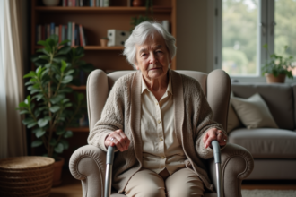 Femme âgée assise dans un salon chaleureux