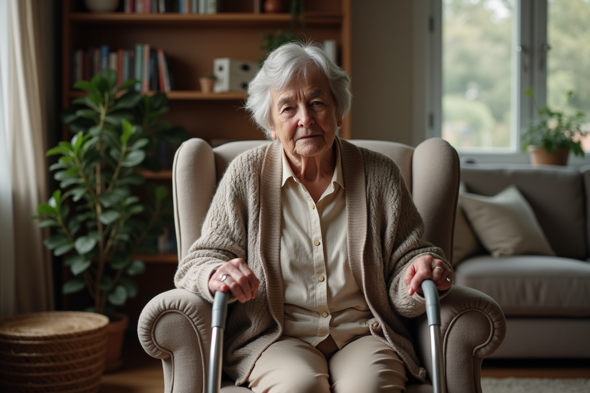Femme âgée assise dans un salon chaleureux