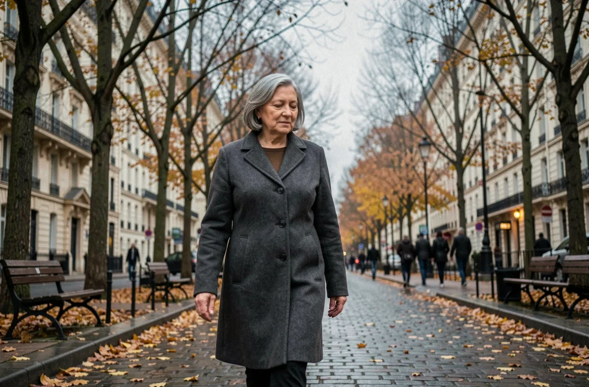 Femme âgée élégante marchant seule sur un boulevard parisien en automne, ambiance mélancolique et résiliente évoquant le courage face à la maladie publique