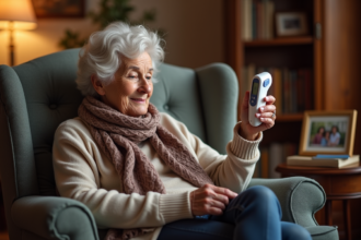 Femme âgée souriante avec un thermomètre digital dans un salon chaleureux