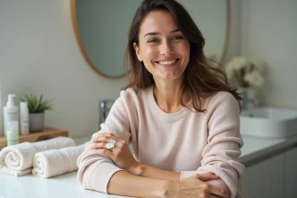Femme appliquant un patch médical sur son bras dans la salle de bain