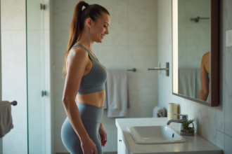 Femme souriante vérifiant son poids dans une salle de bain moderne