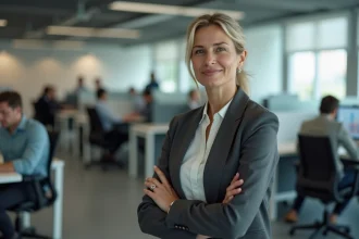 Femme d'âge moyen dans un bureau moderne en pleine concentration