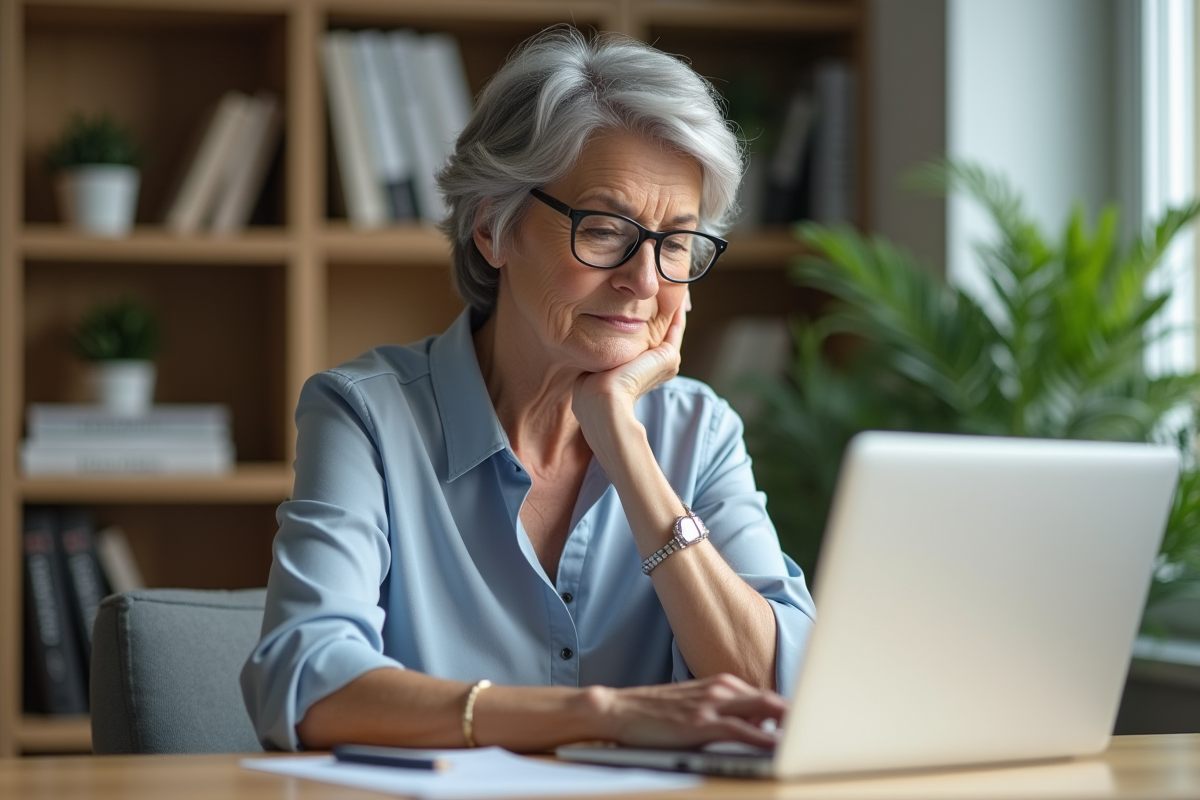 Femme d'âge moyen travaillant sur un ordinateur dans un bureau moderne