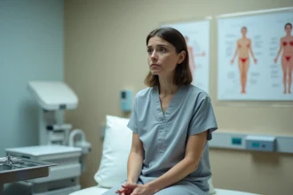 Femme inquiète assise dans un cabinet gynécologique évoquant le diagnostic de kystes ovariens