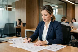 Femme cadre consultant des documents de mutuelle d'entreprise et de complémentaire santé à son bureau dans un open space moderne