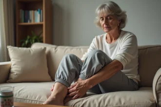Femme d'âge mûr assise sur un canapé tenant sa cheville gonflée avec une expression de préoccupation