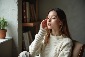 Femme en réflexion avec pull en laine douce