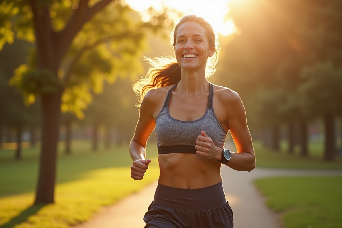 Femme souriante en tenue de sport courant dans un parc ensoleille