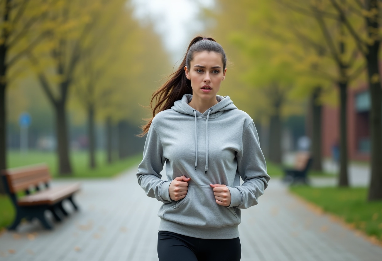 Jeune femme courant dans un parc au printemps inquiète